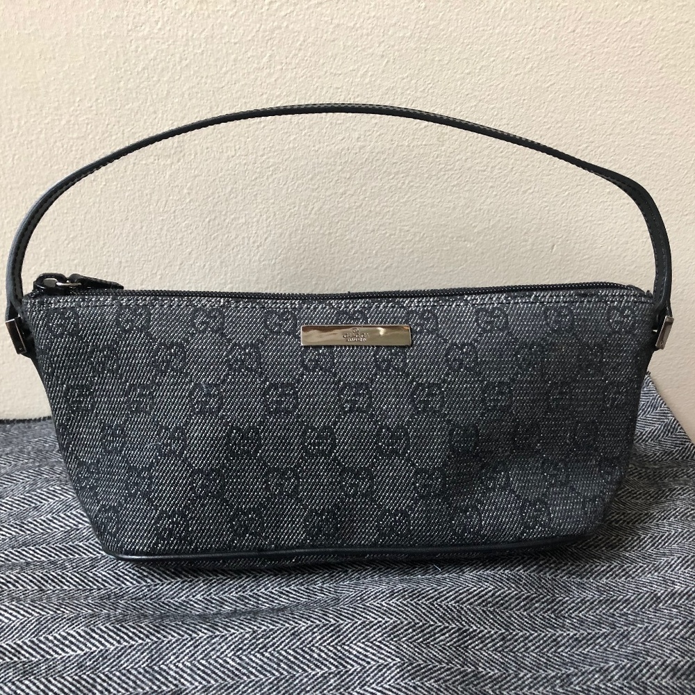 Gucci Black Leather GG Monogram Canvas Pochette
